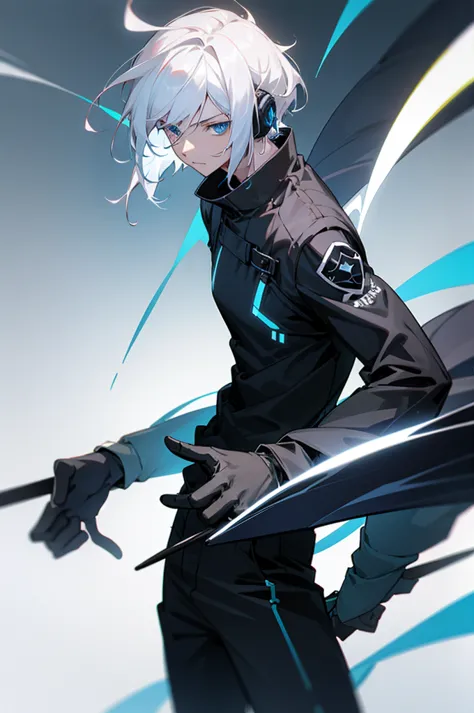 young adult, male, white hair, blue eyes, dark skined, black jumpsuit, headphones, trion body, armed.