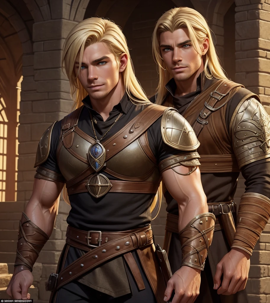 (((Solo character image.))) (((Generate a single character image.)))  (((Dressed in medieval fantasy attire.))) (((18 years old.))) (((18yo.))) (((Dressed in medieval fantasy attire.))) (((Body of a male fitness model.))) Cute guy. Hot guy.  (((Looks like Adonis.))) (((Dressed in medieval fantasy attire.))) (((Intense, sexy stare.))) (((Beautiful long sexy blond hair.)))  (((Beefcake body.))) Looks like a fun-loving and heroic male adventurer for Dungeons & Dragons. Looks like a very attractive male adventurer for a high fantasy setting. Looks like a handsome and rugged male adventurer for Dungeons & Dragons. Looks like a handsome male for a medieval fantasy setting. Looks like a Dungeons & Dragons adventurer, very cool and masculine hair style, black clothing, handsome, charming smile, adventurer, athletic build, excellent physique, confident, gorgeous face, gorgeous body,  detailed and intricate, fantasy setting,fantasy art, dungeons & dragons, fantasy adventurer, fantasy NPC, attractive male in his mid 20's, ultra detailed, epic masterpiece, ultra detailed, intricate details, digital art, unreal engine, 8k, ultra HD, centered image award winning, fantasy art concept, digital art, centered image, flirting with viewer, best quality:1.0,hyperealistic:1.0,photorealistic:1.0,madly detailed CG unity 8k wallpaper:1.0,masterpiece:1.3,madly detailed photo:1.2, hyper-realistic lifelike texture:1.4, picture-perfect:1.0,8k, HQ,best quality:1.0,, best quality:1.0,hyperealistic:1.0,photorealistic:1.0,madly detailed CG unity 8k wallpaper:1.0,masterpiece:1.3,madly detailed photo:1.2, hyper-realistic lifelike texture:1.4, picture-perfect:1.0,8k, HQ,best quality:1.0,
