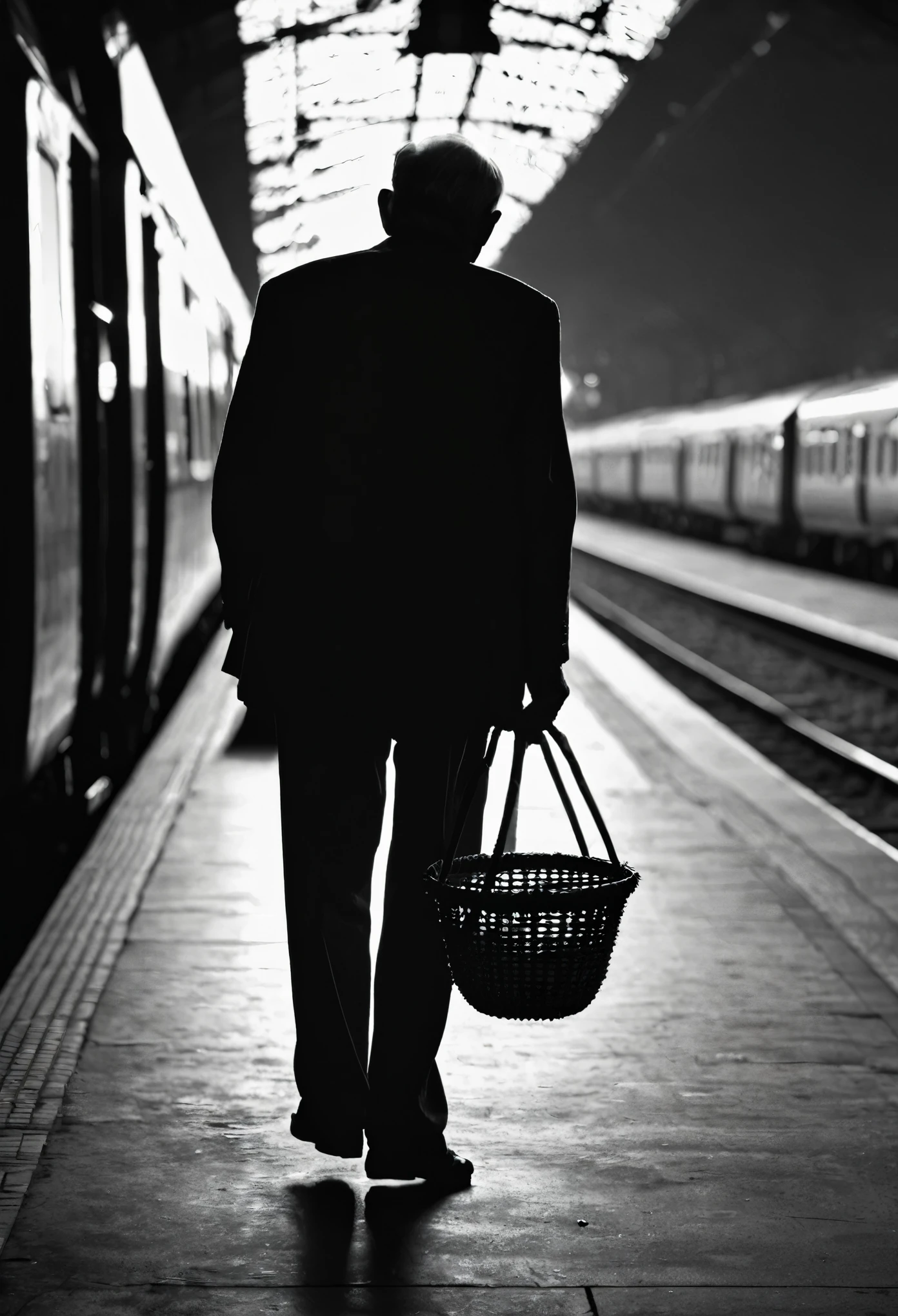 A silhouette of an elderly man back view,bent over, carrying a basket of oranges on a railway platform. The setting is a dimly lit station, with trains and passengers in the distance. The man's back is broad yet stooped, showing the weight of years and responsibilities. His hands are gnarled and calloused, grasping the handle of the basket tightly. His face is unseen, focusing the viewer's attention on the emotional depth of his posture and silhouette. The mood is melancholic yet filled with a sense of love and sacrifice.
