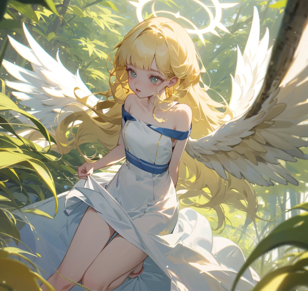 (High quality) (best quality) (A woman) (correct physiognomy) woman, long blonde hair with bangs on her forehead, four small angel wings coming out of her head, two on the left side and two on the right side, two angel wings coming out of her back, a golden halo behind her head, golden eyes, sensitive lips, middle aged, white dress with straps on the shoulders, skirt cut diagonally leaving one leg exposed, location of the photo the woman must being in the middle of the forest, photo lighting sunlight, full body proportion, showing in the photo the body from head to torso