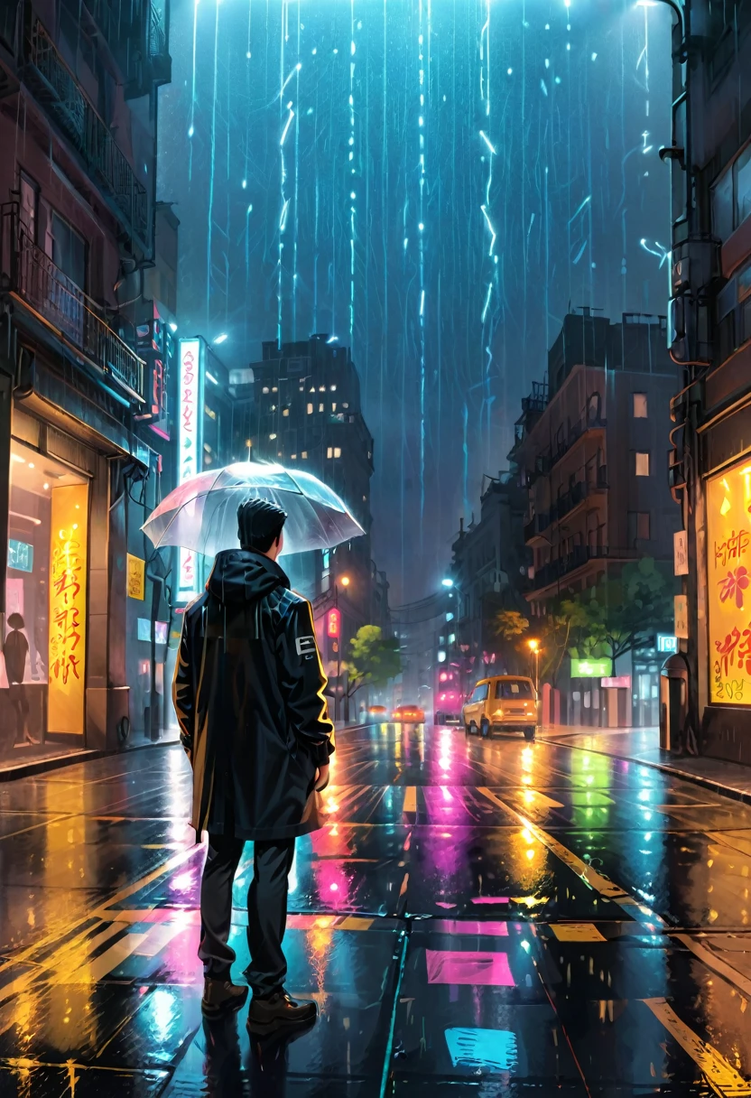 (后视图:1.2), 一名身穿黑色风衣的男子, 仰望雨帘, 在雨中等待, 雨后的城市街道上, 雨水反射出路灯下的亮点, 行人匆匆走过, 留下一串串足迹. 在远处, 霓虹灯在雨幕中闪烁, 营造城市浪漫氛围, (杰作, 最好的质量, 专业的, 完美构图, 非常美观, 荒诞, 极其详细, 复杂的细节:1.3)