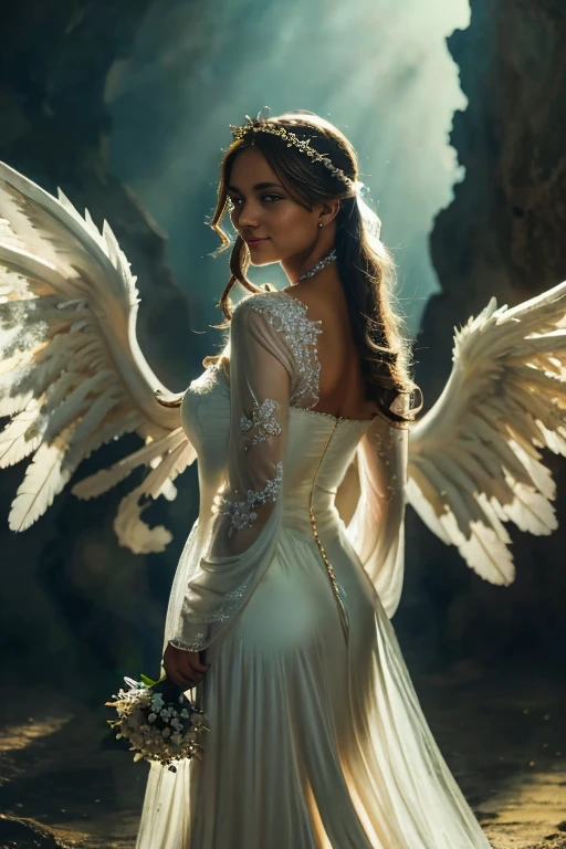 Illustration for a fairy tale, - a beautiful girl - a princess with white angel wings behind her back, in white, Lush, long wedding dress, with closed neckline, with long transparent sleeves, decorated with pearls and rhinestones, light brown hair styled in an updo, on the head there is a tiara with diamonds and a transparent white veil, half smile on face, Blue eyes,  The princess stands on the shore of a calm sea, back to the sea, looks at us, holding a green olive branch in his hands.