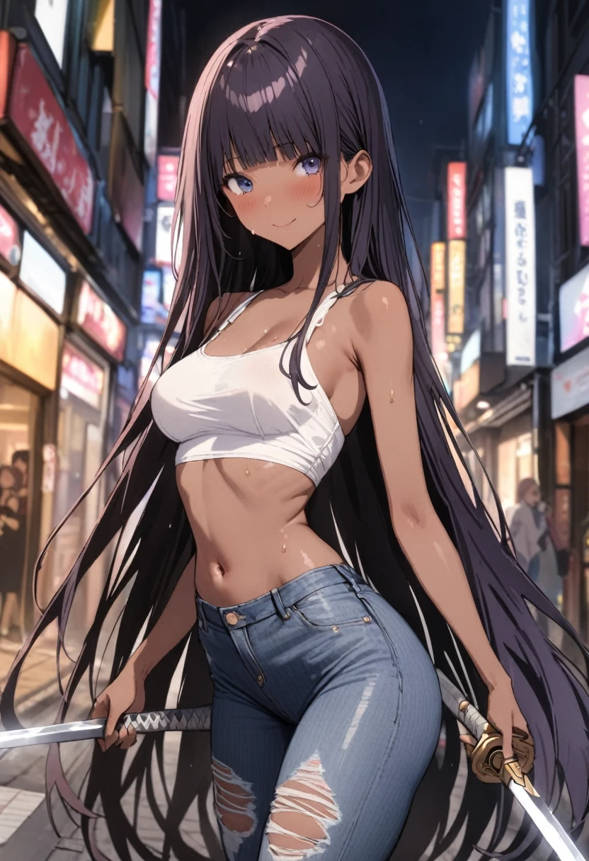 (((masterpiece, highest quality:1.3,absurdres))),25 year old beauty,solo,((very small head:1.2)),long hair,bangs,dark blue hair,dark blue eyes,gorgeous eyes,blush,smile,medium breasts,((very long body:1.2)),((toned body,slender body)),skinny,tan skin,gleaming skin,shiny skin,sweat,((ripped jeans)),((White tube top,navel)),Holding a sword in both hands、on street,Tokyo、at night、