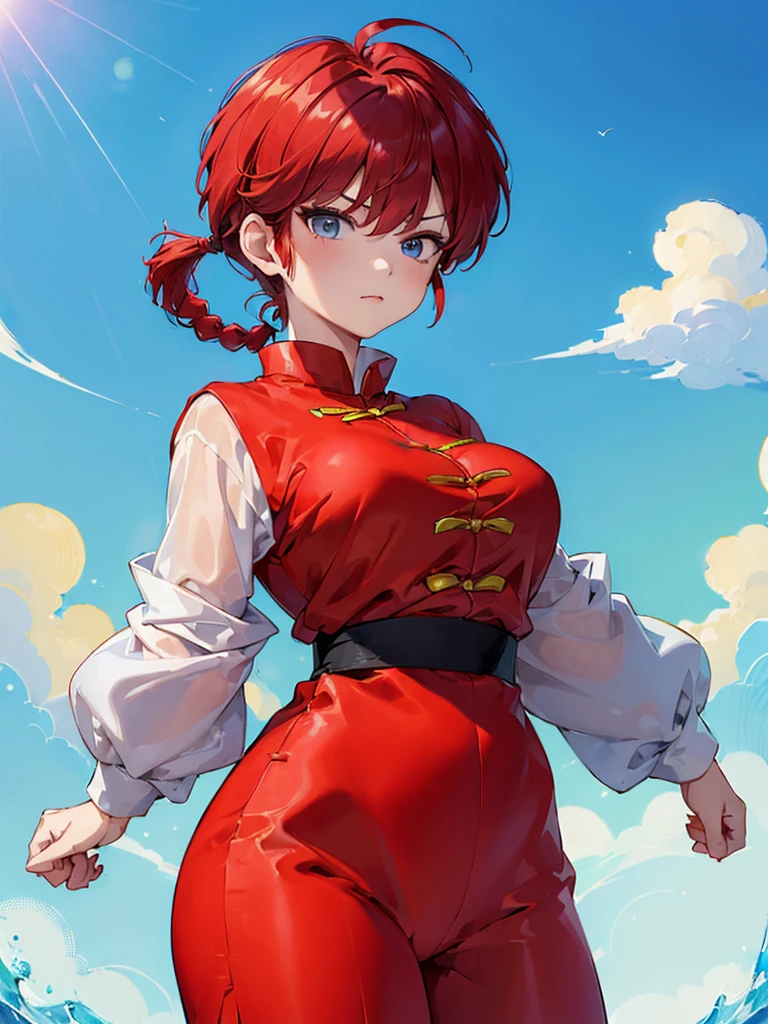 ((masterpiece:1.4)), expensive quality, very_expensive_solve, big_file size, Full Color, Thick outline, Clear contours, colorful, (Beautiful fine details, Are thin:1.4), ((Beautiful Face:1.0)), ((Boyish face:1.4)), 1 girl, (Ranma), (Redhead), short hair, (Braided Ponytail), ((bangs)), bumpy bangs, Blue-gray eyes, Big Breasts, Curvy, Ranma, Braided Ponytail, (Red Chinese Clothing), No sleeve, Tangzhuang, Black trousers, Are standing, ((, Are thin:1.4)), ((from the front:1.4)), Are thin:1.4
