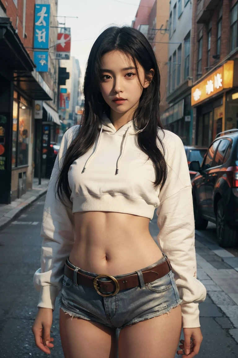 a girl, Thick belly button hoodie, long sleeve, (bare midriff, exposed navel), sexy abs, navel open，completely exposed abdomen, Low-rise hot pants，Exposing the entire abdomen，Mermaid Line, groin，metal belt, cowboy shot, summer street, 8k, best quality, masterpiece, photorealistic, ultra-detailed, vivid colors, professional lighting, cinematic, dynamic pose, dramatic lighting, intricate details，Looking at the camera