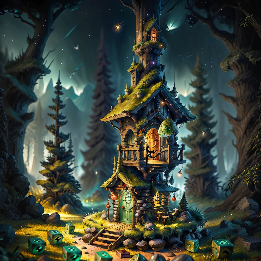 most beautiful dice tower, made of stones and wood, dice tower design, cute miniature style, (forest fireflies fantasy fairy house), (midnight), (Irregular), (mysterious), dreamy, disney, vector, ultra detailed, extremely realistic, dungeons and dragons, OverallDetailXL