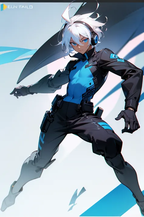 young adult, male, white hair, blue eyes, african american dark skin color, black jumpsuit, headphones, trion body, armed.