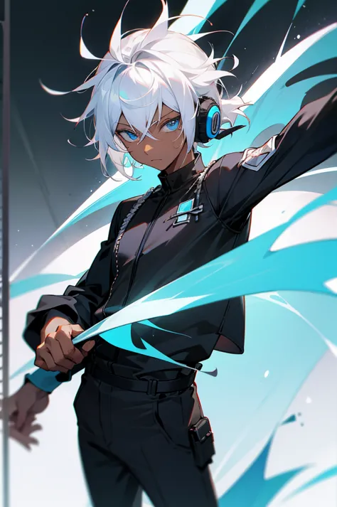 young adult, male, white hair, blue eyes, african american dark skin color, black jumpsuit, headphones, trion body, armed.