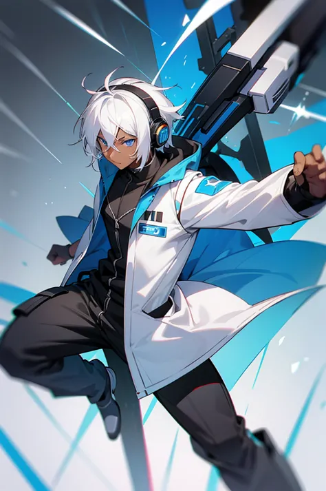 young adult, male, white hair, blue eyes, african american dark skin color, black jumpsuit, headphones, trion body, armed.