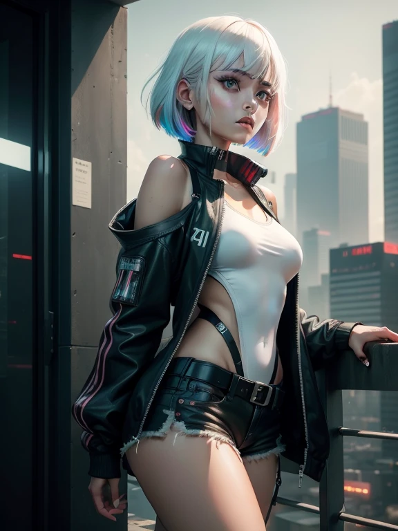 masterpiece, (photorealistic:1.4), best quality, beautiful lighting, (ulzzang-6500:0.5), lucy \(cyberpunk\), 1girl, white hair, against railing, arm rest, bangs, bare shoulders, belt, black belt, black leotard, black pants, blurry, bob cut, breasts, building, cityscape, clothing cutout, (cropped jacket), cyberpunk, depth of field, from side, gradient eyes, grey eyes, grey hair, white jacket, leotard, lips, long sleeves, looking afar, looking ahead, (mechanical parts), medium breasts, multicolored eyes, multicolored hair, night, night sky, off shoulder, open clothes, open jacket, outdoors, pants, parted lips, railing, red eyeliner, science fiction, short hair with long locks, short shorts, shorts, sidelocks, sky, solo, standing, teeth, thigh cutout, upper teeth only, white jacket, white shorts, cyberpunk \(series\), cyberpunk edgerunners, RAW photo, 8k uhd, film grain, cosplay, white wig, night, neon lights,,,,