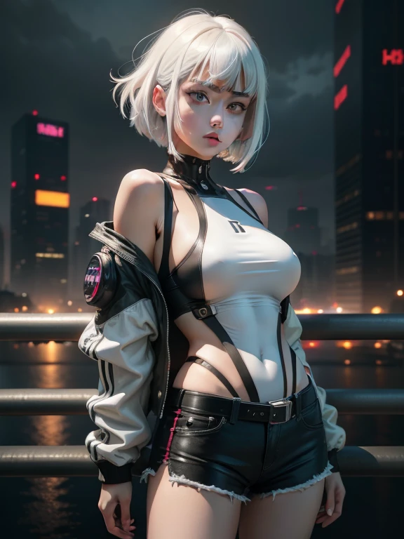 masterpiece, (photorealistic:1.4), best quality, beautiful lighting, (ulzzang-6500:0.5), lucy \(cyberpunk\), 1girl, white hair, against railing, arm rest, bangs, bare shoulders, belt, black belt, black leotard, black pants, blurry, bob cut, breasts, building, cityscape, clothing cutout, (cropped jacket), cyberpunk, depth of field, from side, gradient eyes, grey eyes, grey hair, white jacket, leotard, lips, long sleeves, looking afar, looking ahead, (mechanical parts), medium breasts, multicolored eyes, multicolored hair, night, night sky, off shoulder, open clothes, open jacket, outdoors, pants, parted lips, railing, red eyeliner, science fiction, short hair with long locks, short shorts, shorts, sidelocks, sky, solo, standing, teeth, thigh cutout, upper teeth only, white jacket, white shorts, cyberpunk \(series\), cyberpunk edgerunners, RAW photo, 8k uhd, film grain, cosplay, white wig, night, neon lights,,,,