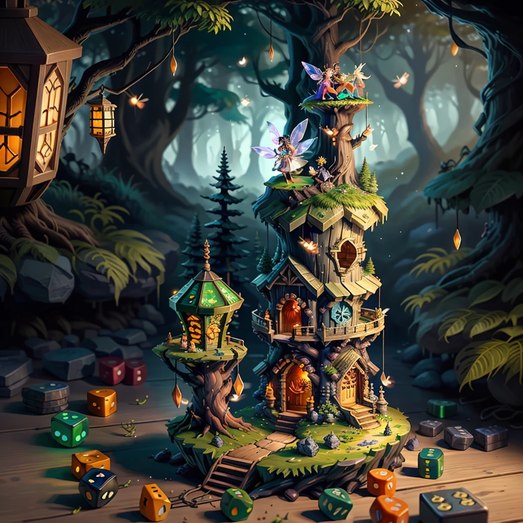 most beautiful dice tower, made of stones and wood, dice tower design, cute miniature style, (forest fireflies fantasy fairy house), (midnight), (Irregular), (mysterious), dreamy, disney, vector, ultra detailed, extremely realistic, dungeons and dragons, OverallDetailXL