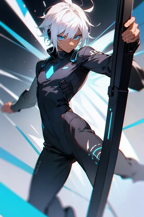 young adult, male, white hair, blue eyes, african american dark skin color, black jumpsuit, headphones, trion body, armed.