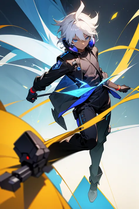 young adult, male, white hair, blue eyes, african american dark skin color, black jumpsuit, headphones, trion body, armed.