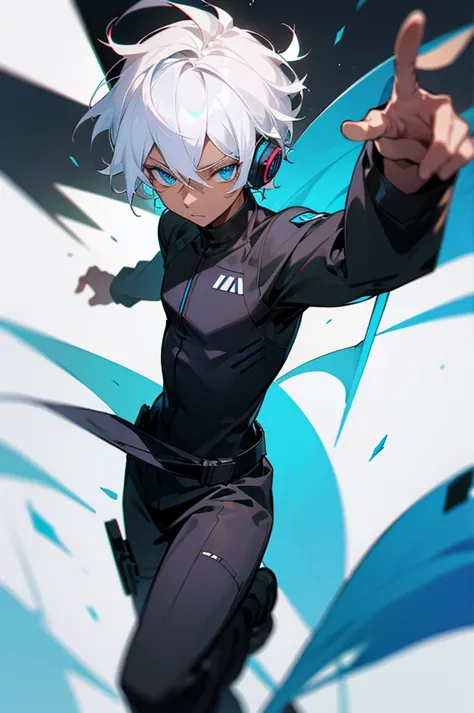 young adult, male, white hair, blue eyes, african american dark skin color, black jumpsuit, headphones, trion body, armed.