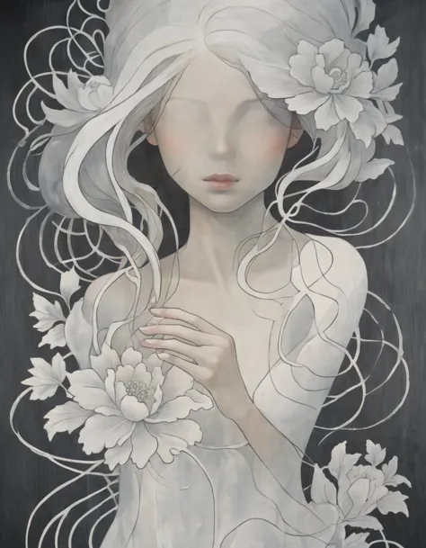 aumentar, fondo oscuro, chica, salpicadura de pintura blanca, Desvanecimiento, white interconnected wavy lines, Floral pattern
