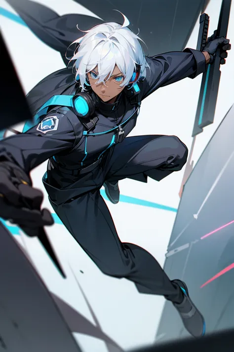 young adult, male, white hair, blue eyes, african american dark skin color, black jumpsuit, headphones, trion body, armed.