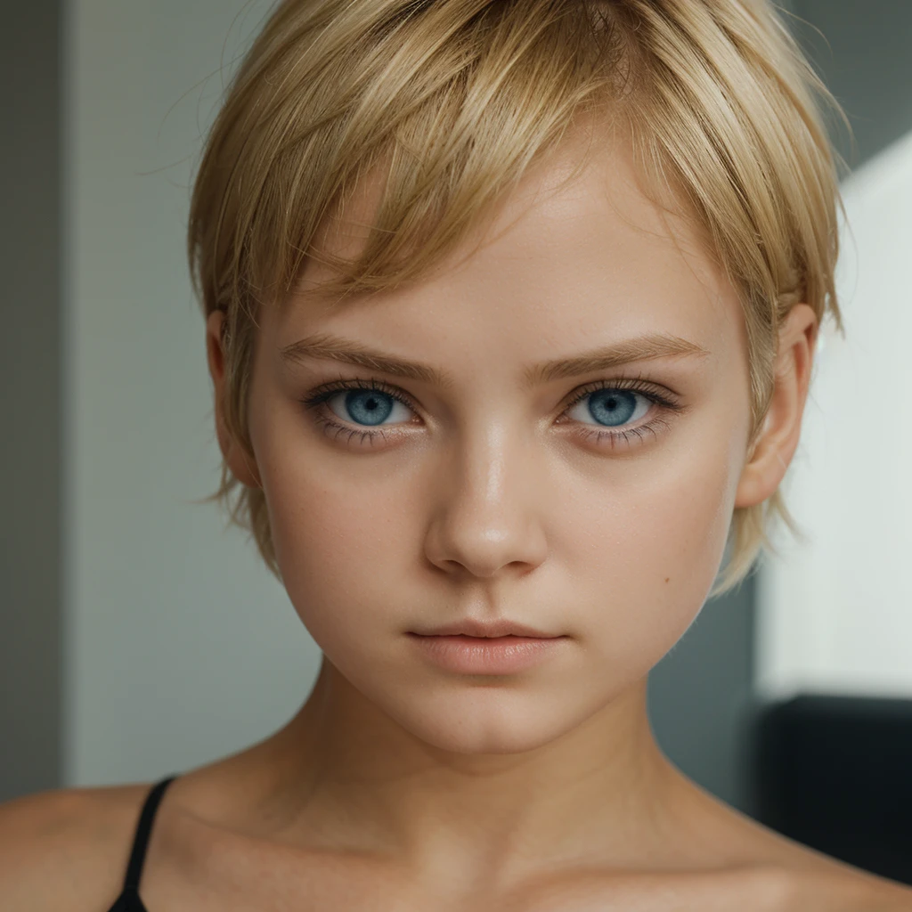 Girl1, short blonde hair ,blue eyes,Emotionless eyes