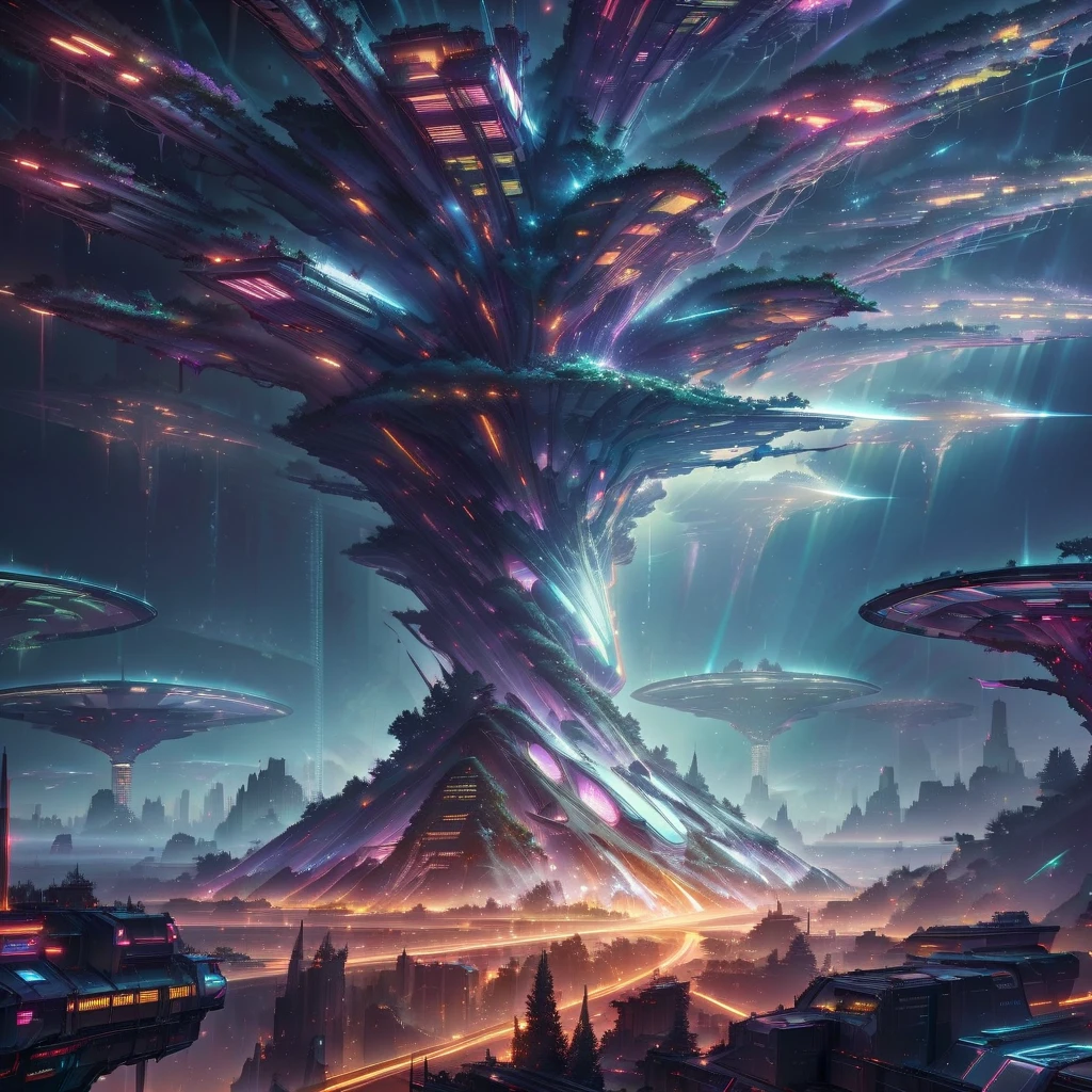 futuristische Stadt mit einem riesigen Baum in der Mitte, Digitale Science-Fiction-Kunst, by beeple, 4K hochdetaillierte digitale Kunst, cyberpunk tree house, dargestellt als Science-Fiction-Szene, arstation und beeple hoch, von Mike "beeple" Winkelmann, filmischer Beeple, surreale Neuronenstadt, überirdische Bilder