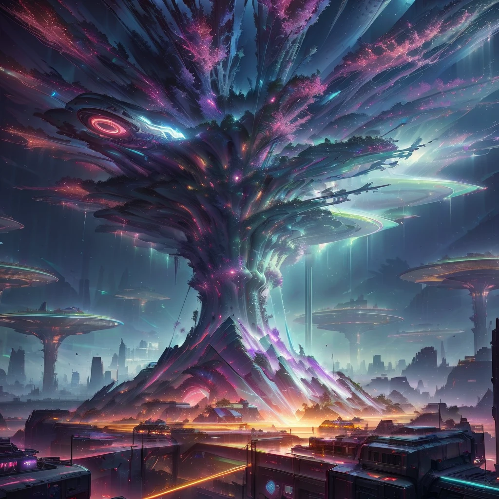 ville futuriste avec un immense arbre au milieu, art numérique de science-fiction, by bip, Art numérique 4K très détaillé, cabane dans les arbres cyberpunk, représenté comme une scène de science-fiction, arstation et bip hautement, par Mike "bip" Winkelmann, bip cinématique, ville neuronale surréaliste, visuels d&#39;un autre monde