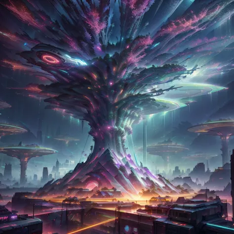 futuristic city with a huge tree in the middle of it, sci-fi digital art, by beeple, 4k highly detailed digital art, cyberpunk t...