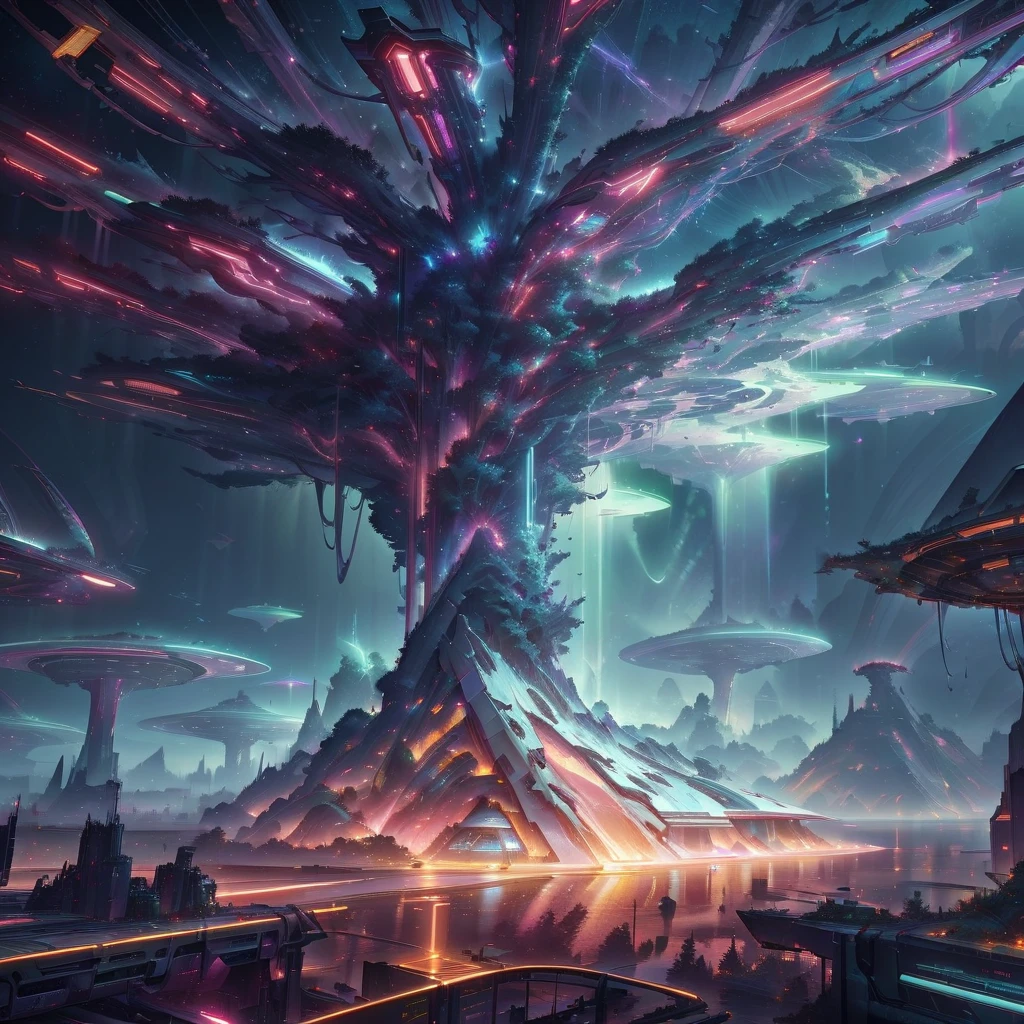 futuristic city with a huge tree in the middle of it, sci-fi digital art, by Beeple, 4k highly detailed digital art, cyberpunk tree house, depicted as a scifi scene, arstation and beeple highly, by Mike "Beeple" Winkelmann, cinematic beeple, surreal neuron city, otherworldly visuals