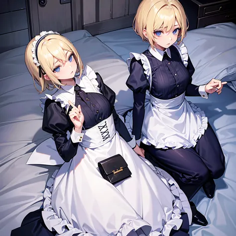 Blonde short haired girl ,blue eyes,Emotionless eyes,Maid outfit