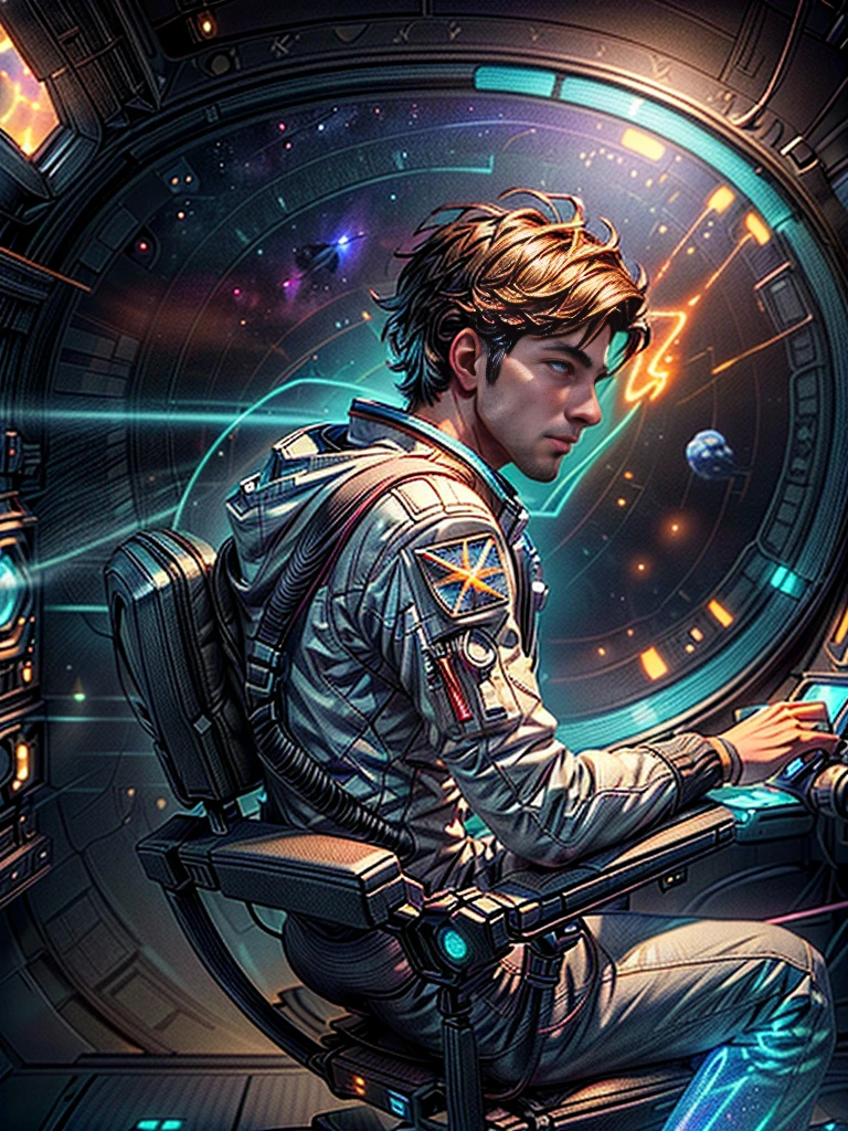 sideback view of male pilot looking half-turned at viewer and holding holographic navigation device in hands, sitting in chair in cockpit of spacecraft in deep space, Masterpiece, best quality, (highly detailed CG unity 8k wallpaper), (best quality), (best illustration), (best shadows), isometric 3D , octane rendering, ray tracing, highly detailed, sci-fi