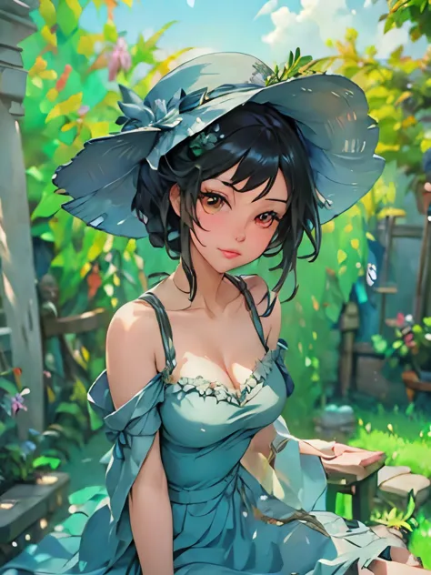 painting of a woman in a dress and hat sitting in a garden, artwork in the style of guweiz, ”beautiful anime woman, beautiful ch...