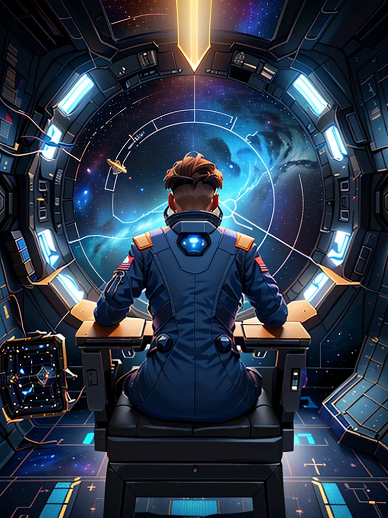 back view of male pilot looking half-turned at viewer and holding holographic navigation device in hands, sitting in chair in cockpit of spacecraft in deep space, Masterpiece, best quality, (highly detailed CG unity 8k wallpaper), (best quality), (best illustration), (best shadows), isometric 3D , octane rendering, ray tracing, highly detailed, sci-fi