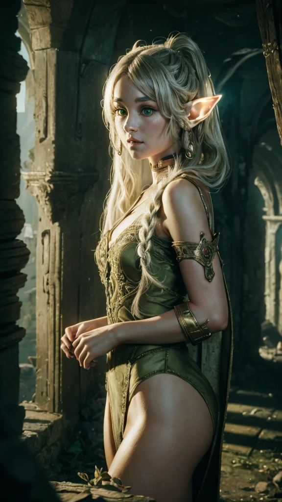 In realistic photo of high quality and detail, Frieren (Sousou no Frieren), dark fantasy, movie style, european, A petite elf girl with green eyes, thick eyebrows and long white hair parted in the middle and braided into two high pigtails. She has large pointed elf ears, 1girl, Depth & Perspective, she's wearing a white lingerie, dramatic look, fine face, indoors, she's stands in the ruins, ancient ruins on the background, daylight, looking at viewer, (very detailed face:1.4), (capricious, private study:1.3), (Ultra-high detail:1.2), Motion photography, high details, detailed and intricate, intricate details, high intricate details, Absurd amount of detail, absurdity, high resolution, (high quality:1.2, masterpiece:1.2, :1.21), Masterpiece, Best Quality, Ultra-detailed, Cinematic lighting, 8K, delicate features, cinematic, 35 mm lens, f/1.9, highlight lighting, global lighting –uplight –v 4, cinematic, (Solo Focus), (extremly intricate:1.3), (Realistic)
