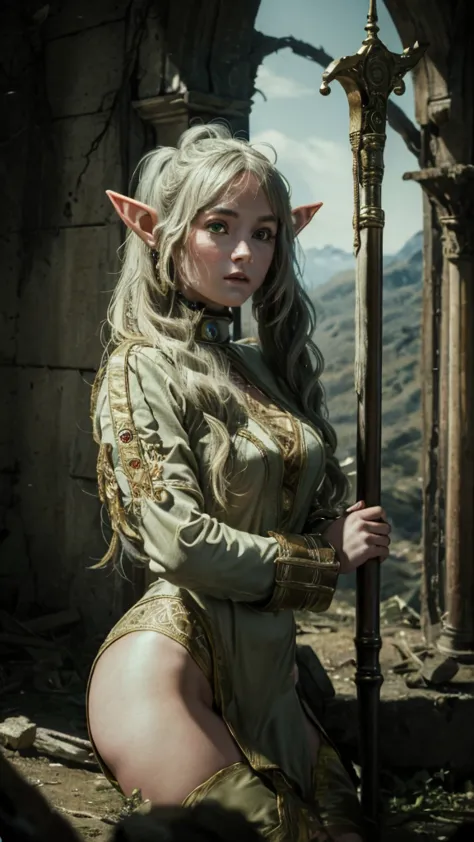 In realistic photo of high quality and detail, Frieren (Sousou no Frieren), dark fantasy, movie style, european, A petite elf gi...