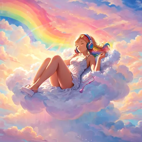 A stunningly ethereal woman, wearing headphones, composed of a dazzling array of rainbow hues, reclines gracefully at the end of...