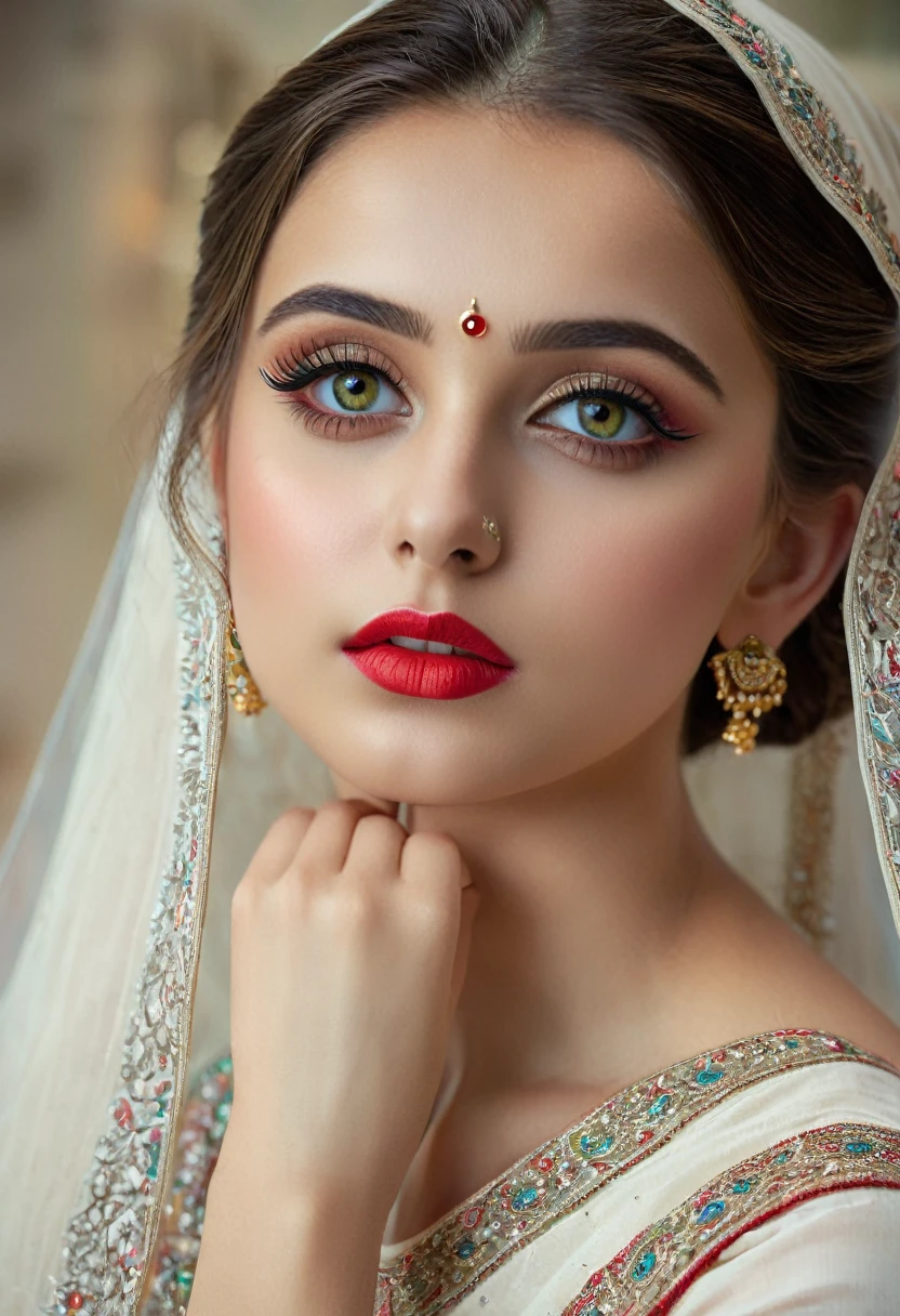 1girl, extremely detailed face and eyes, beautiful detailed lips, beautiful detailed nose, longeyelashes, white skin, indian ethnicity, 16 years old, white dress, sittingpose, looking at camera, (best quality,4k,8k,highres,masterpiece:1.2),ultra-detailed,(realistic,photorealistic,photo-realistic:1.37),HDR,studio lighting,vivid colors,cinematic lighting,cool color tones