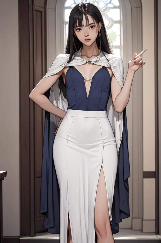 ((masterpiece, best quality)),((highres:1.2)), 1 Girl, solo, Blurred Background, (Straight Hair:1.2), ((Pencilskirt Flashy dress)), ((flat chest)), Thighs, Church, ((Groin)), (slanted eyes), ((Special pose:1.2)),  ((leg lift)), ((mini Pencilskirt:1.2)), underwear, colorful, bangs