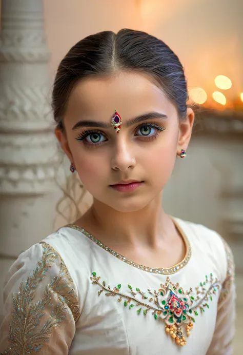 1girl, detailed face and ,  beautiful detailed nose, longeyelashes, white skin, indian ethnicity, 13 years old, white dress, sit...