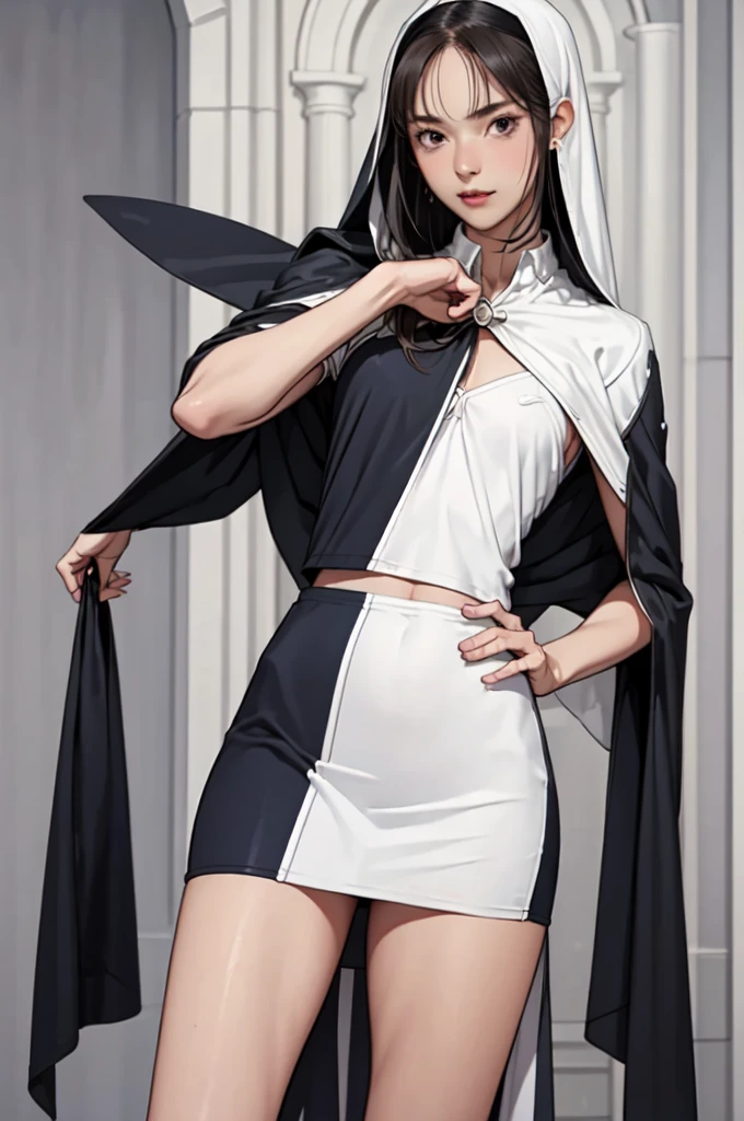 ((masterpiece, best quality)),((highres:1.2)), 1 Girl, solo, Blurred Background, (Straight Hair:1.2), Nun Clothes, ((flat chest)), Thighs, Church, ((Groin)), (slanted eyes), ((Special pose:1.2)),  ((leg lift)), ((mini Pencilskirt:1.2)), underwear, Flashy colorful, bangs, short hair