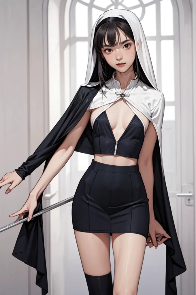 ((masterpiece, best quality)),((highres:1.2)), 1 Girl, solo, Blurred Background, (Straight Hair:1.2), Nun Clothes, ((flat chest)), Thighs, Church, ((Groin)), (slanted eyes), ((Special pose:1.2)),  ((leg lift)), ((mini Pencilskirt:1.2)), underwear, Flashy colorful, bangs, short hair