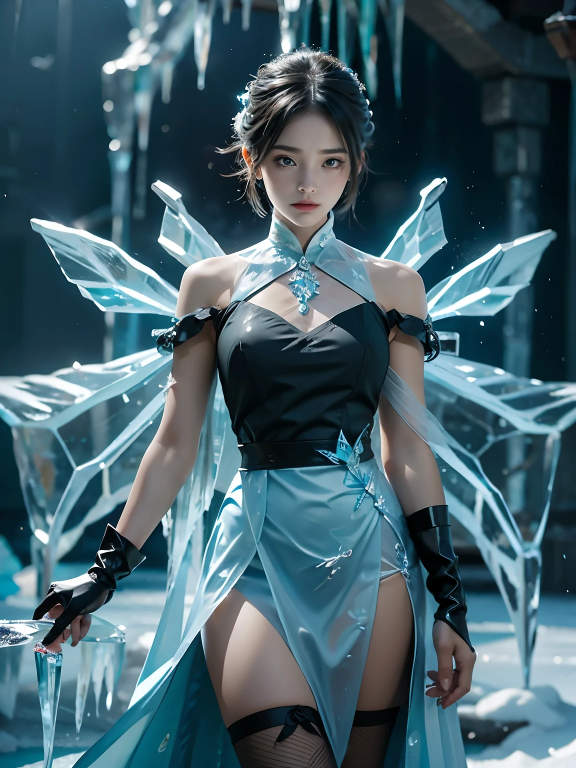 (((1 girl)))，dynamic poses，（skirt made of ice：1.5），ice crystals，frozen fluid，twisting fluid，(((icicle)))，Ice mist，Ice particle effects，（Ice butterfly：1.5），Lots of Ice butterflies，Giant Ice butterfly wings，Amazing results，,best quality,masterpiece,ultra high resolution,detailed，8K resolution,chiaroscuro，NVIDIA RTX