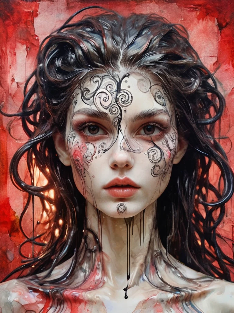 8K, rgb, hdr, pinturas de aceite, acuarelas, colores saturados brillantes, Anna Razumovskaya, Jarek Kubicki, Aleksi Brilo, Darek Zabrotsky, sakimichan, lois, Aminola Rezai, foto CRUDA, negro, dark Rojo, de cerca, Retrato de Medusa, mixed media collage. text with inscription "eloise", hermoso rostro. calligraphy, Gouache Wash, Boceto a pluma, lineas finas, Vintage illustration style. negro, blanco, Rosa coral, Rojo, pelo rubio, beautiful patterns  ral-negrolight