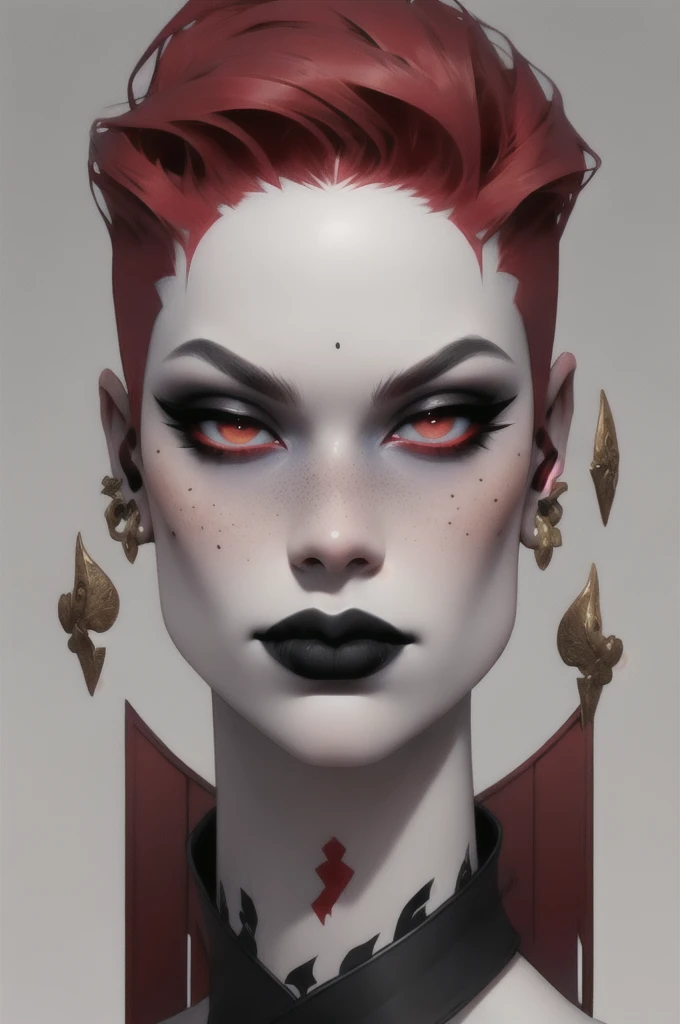 Fille de neige, chef-d&#39;œuvre, rouge à lèvres noir, sourcils rouges:1.5,  cheveux roux,nue couverte de sperme, coupe de cheveux rouge, eye-liner noir, piercing nasal, Meilleure qualité,primé, bosse dans la peau, taches de rousseur,   