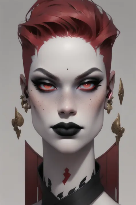 snow girl, masterpiece, black lipstick, red eyebrows:1.5,  Red hair,naked tits covered in cum, red haircut, black eyeliner, Nose...