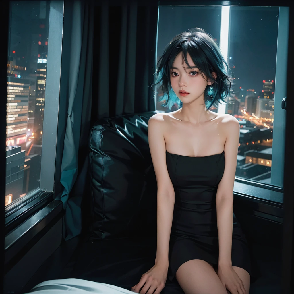 ((High quality, 8k, perfect quality, realistic)), beautiful, perfect face, looking out the window, night, ((dark room)), Before bed, restless, Short dress, looking at the window, city night view, color black and cyan hair, night city, ((lights off)), facing the audience