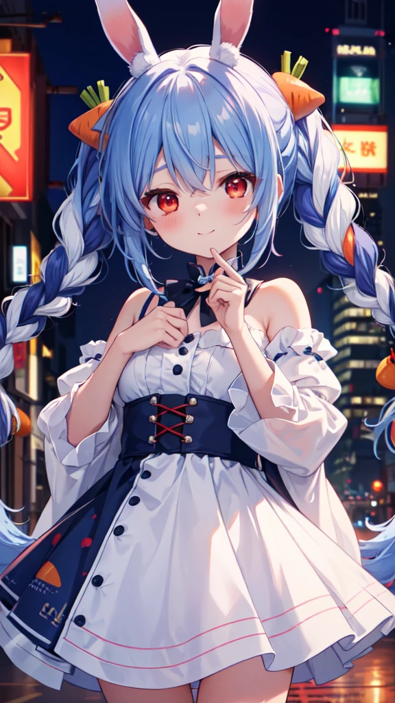 (8k、Best image quality、highest quality、masterpiece)、Detailed face、Single Blade、smile、blush、vapor、((close your eyes))、Shiny、Cowboy Shot、Night city background, pekora usada, animal ears, blue hair, braid, carrot hair ornament, food-themed hair ornament, hair ornament, multicolored hair, (red eyes:1.5), rabbit ears, twin braids, twintails, two-tone hair,