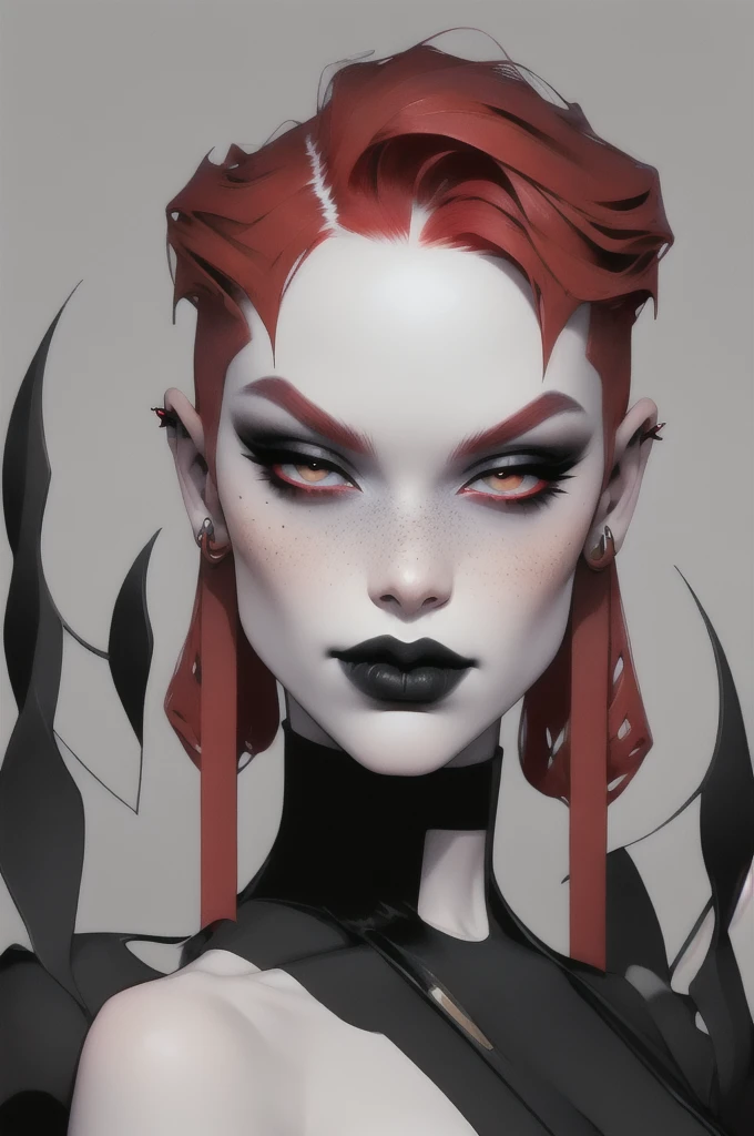 snow girl, masterpiece, black lipstick, red eyebrows:1.5,  Red hair,naked tits covered in cum, red haircut, black eyeliner, Nose Piercing, Best quality,award-winning, dent in the skin, freckles, full length   