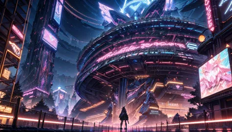  science fiction lanscape, tree made of metal, gigantic structure, nighttime, a lot of neon lights, mythical structure, grand me...