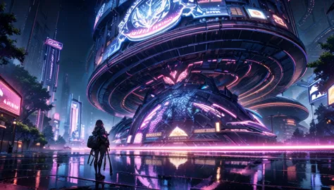 science fiction lanscape, tree made of metal, gigantic structure, nighttime, a lot of neon lights, mythical structure, grand met...