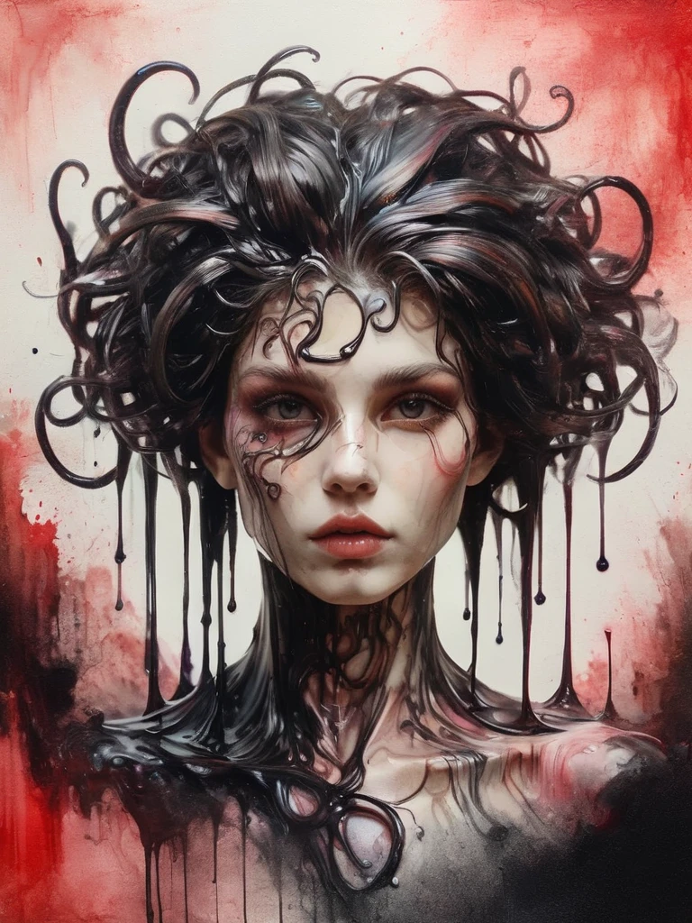 8K, rgb, hdr, pinturas de aceite, acuarelas, colores saturados brillantes, Anna Razumovskaya, Jarek Kubicki, Aleksi Brilo, Darek Zabrotsky, sakimichan, lois, Aminola Rezai, foto CRUDA, negro, dark Rojo, de cerca, Retrato de Medusa, mixed media collage. text with inscription "eloise", hermoso rostro. calligraphy, Gouache Wash, Boceto a pluma, lineas finas, Vintage illustration style. negro, blanco, Rosa coral, Rojo, pelo rubio, beautiful patterns  ral-negrolight