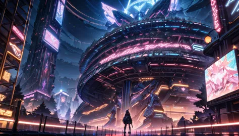 science fiction lanscape, tree made of metal, gigantic structure, nighttime, a lot of neon lights, mythical structure, grand met...