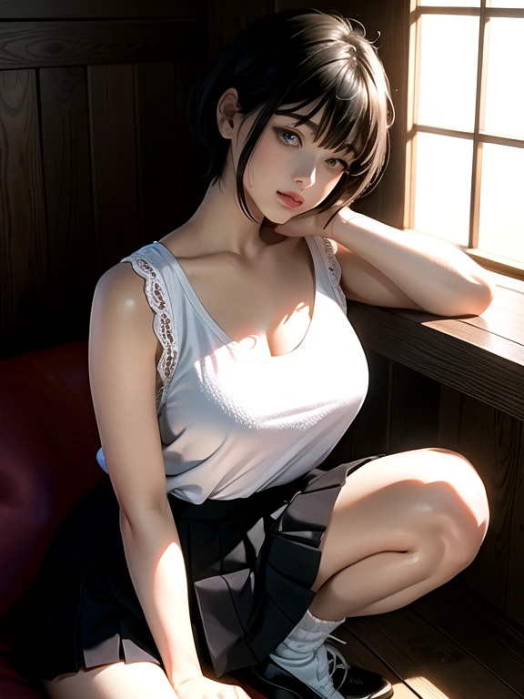 Japanese Girls,(Highly detailed skin),Curvy,,美しいBig Breasts,(Big Breasts),Accentuate your cleavage,Pale skin,Pointed Chest,Erect nipples,(Fantasy art,Best image quality,Hyperrealist portrait,(8k),Ultra-realistic,最high quality, high quality, High resolution, high quality texture,Attention to detail,Beautiful details,detailed,Extremely detailed CG,detailed Texture,Realistic facial expressions,masterpiece,in front,dynamic,bold),(((Short black pixie cut))),A rounded hairstyle that follows the lines of the face、(Very thin hair),(Very soft hair),(Super Straight Hair:1.5),length, sleek bangs,Very light coppery amber hair,Hair in one eye、Wearing sleeveless tennis wear、Her clothes fit her body perfectly......、;Wearing a super mini pleated skirt、Crouched down with his back to the viewer、Squat、Drawing from behind、whole bodyを描く、whole body